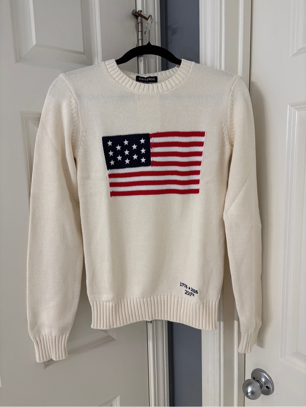 100% cotton Cream Crewneck Sweater with Flag Motif